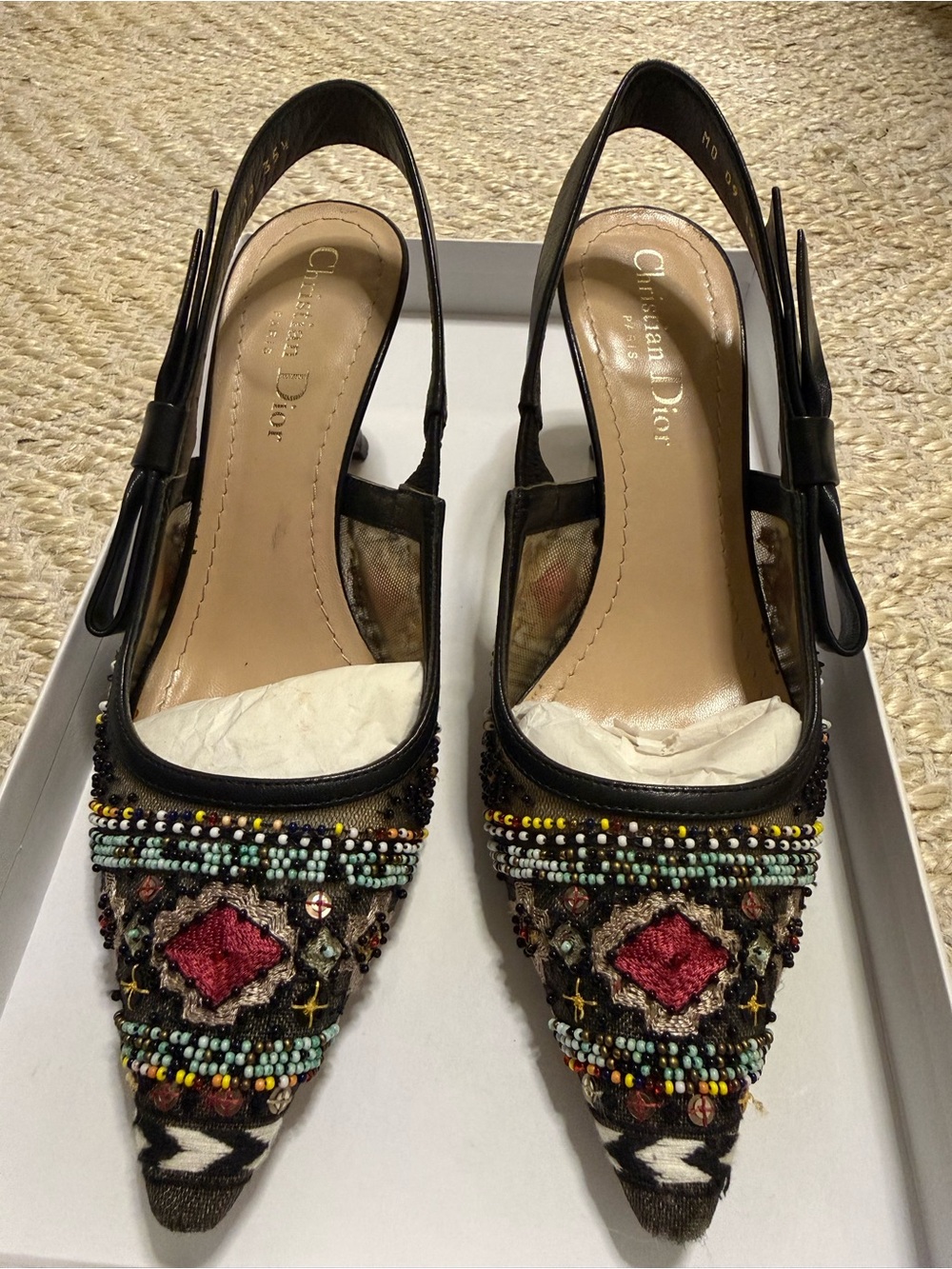 Dior Black Multicolor Beaded Embroidered Slingback Heels